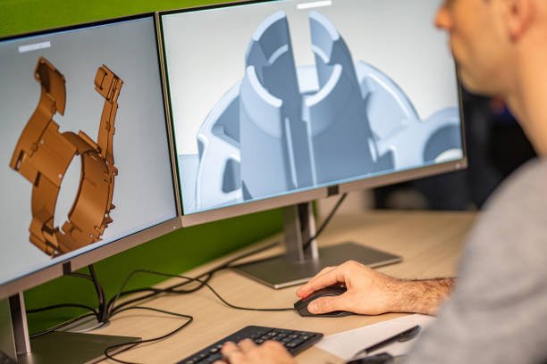 Unrecognizable engineer working on a 3D model of a machine on a computer.