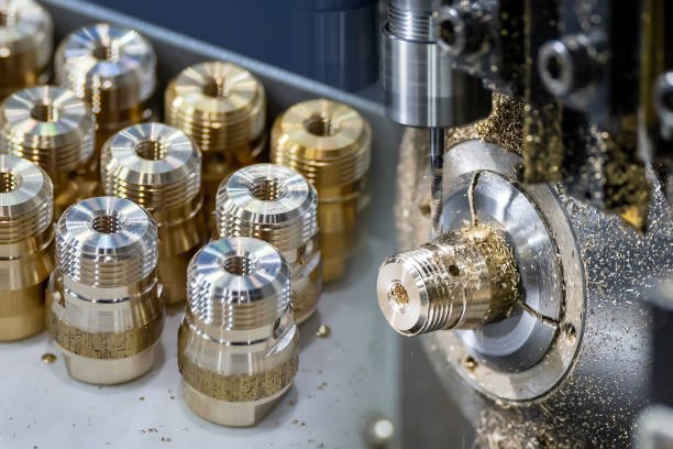 The abstract scene multi-tasking CNC lathe machine swiss type and pipe connector parts. The hi-technology brass fitting connector manufacturing by machining center.