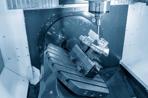 The 5-axis machining center table-tilt type cutting the aero space parts by indexable tool. The hi-technology 5-axis CNC milling machine manufacturing process.