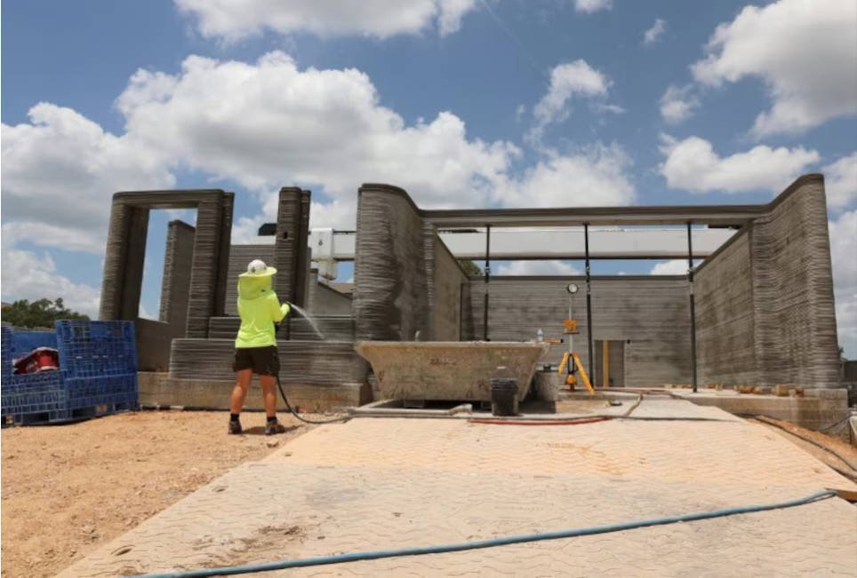 An ICON Employee Watering the Concrete Walls of a 3D Printed House Under Construction